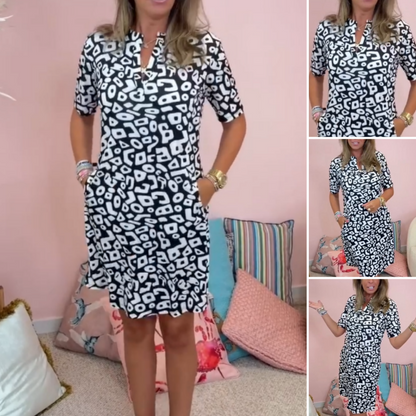 【S-3XL】💖 Női Lezser Rövid Ujjú V-Nyakú Mintás Ruha