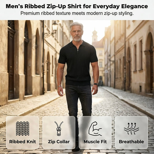 Férfi rövid ujjú, bordás, cipzáras pulóver