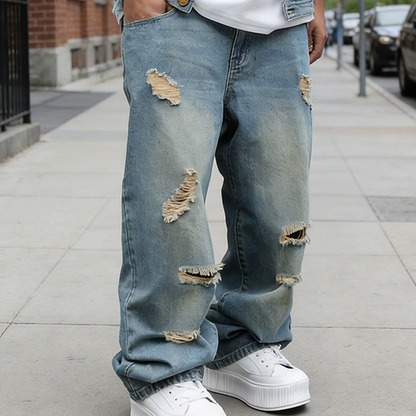 👖 Férfi szaggatott egyenes szabású oversize farmer – Trendi, kényelmes és utcai stílusra készen ✨🕶️