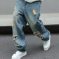 👖 Férfi szaggatott egyenes szabású oversize farmer – Trendi, kényelmes és utcai stílusra készen ✨🕶️