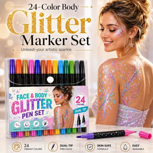 🎨 24 színű sminkes csillámporos filctoll – lemosható és hipoallergén ✨