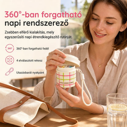 360°-ban forgatható, több rekeszes gyógyszerrendező doboz